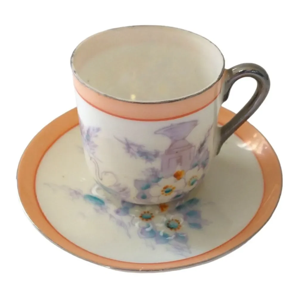 Lustreware Demitasse Espresso‎ Cup Saucer Hotta Yu Shoten Moriage Swans Floral.